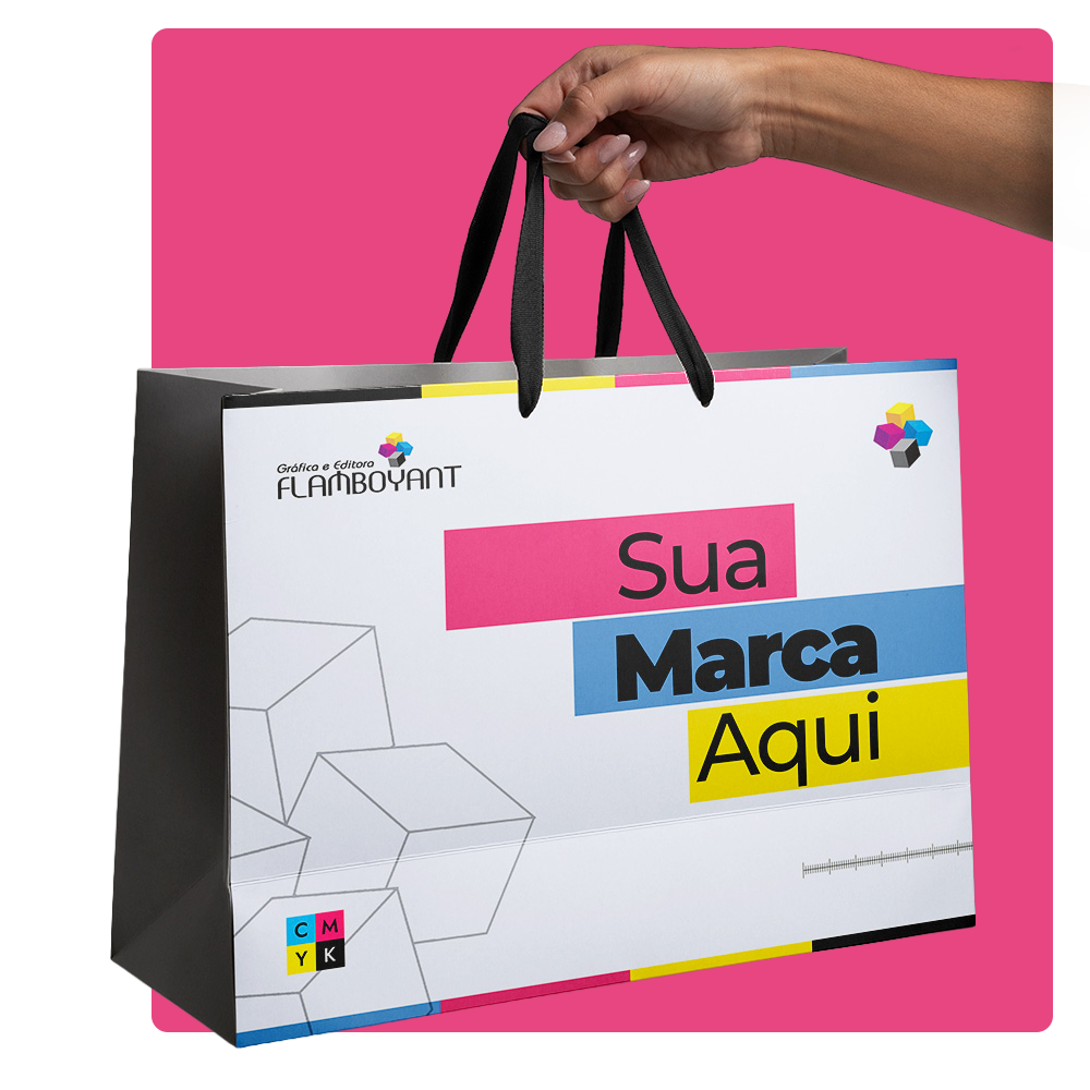 Sacola personalizada Gráfica Flamboyant — alça de fita, impressão premium
